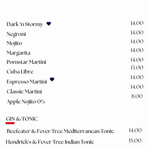 Cocktails menu