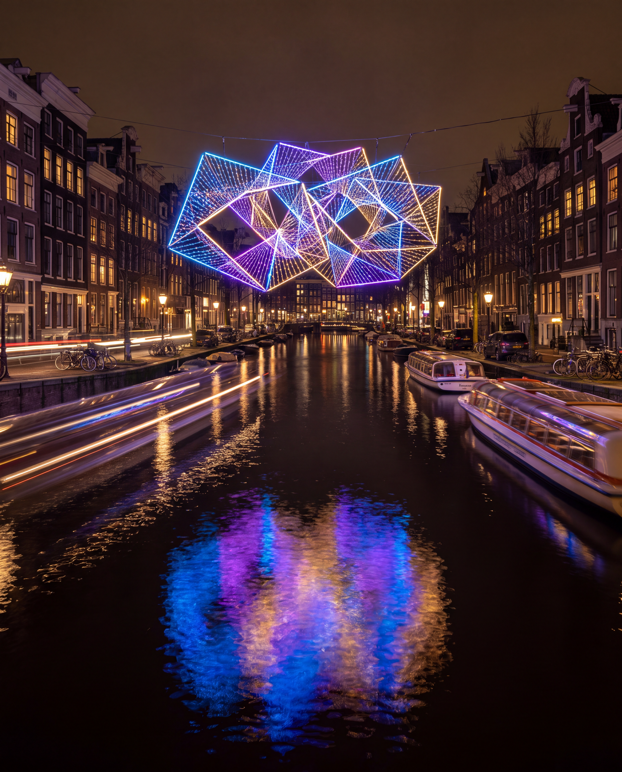 A light artwork glowing over an Amsterdam canal during the Light Festival