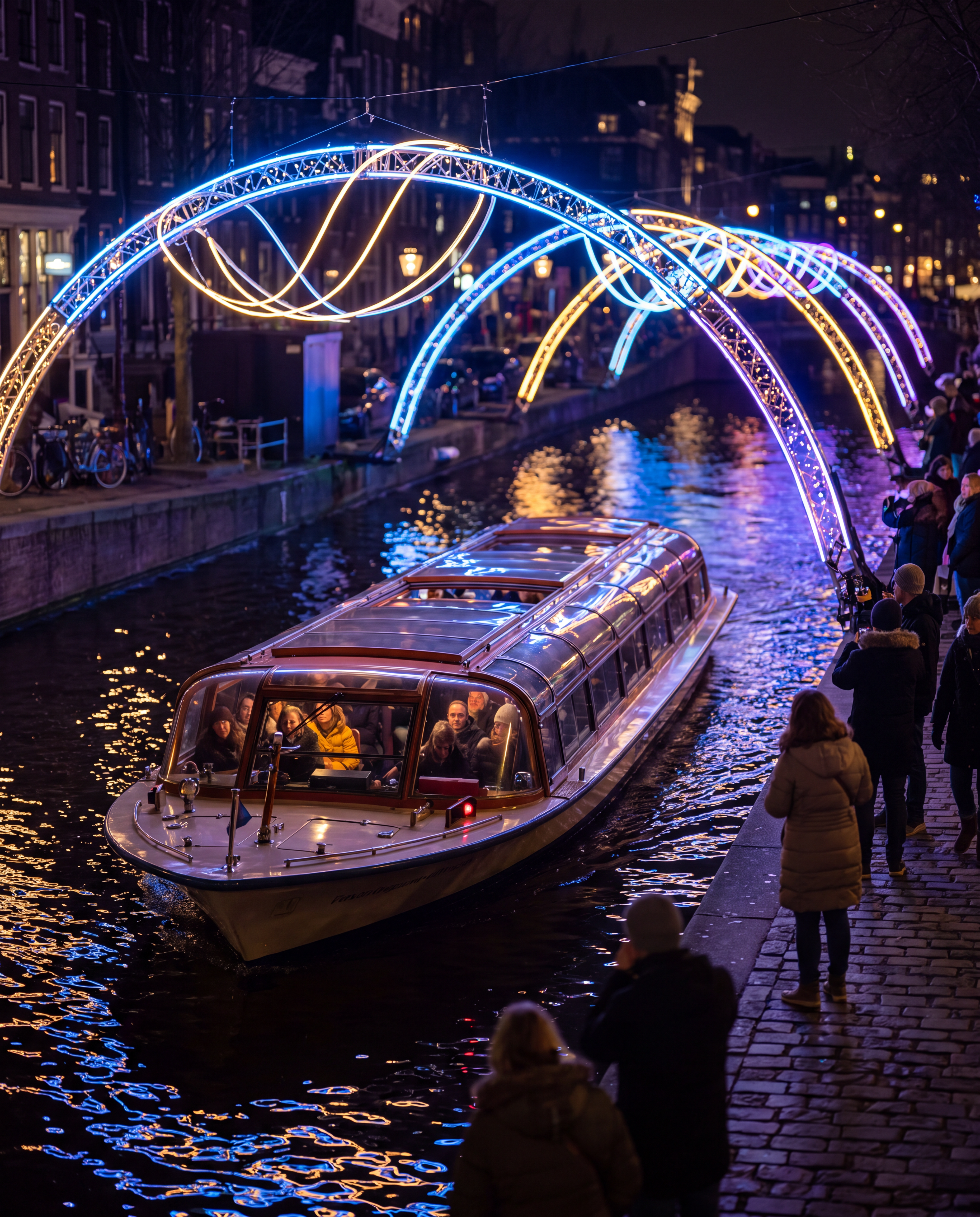 A canal cruise passing between light artworks at Amsterdam Light Festival