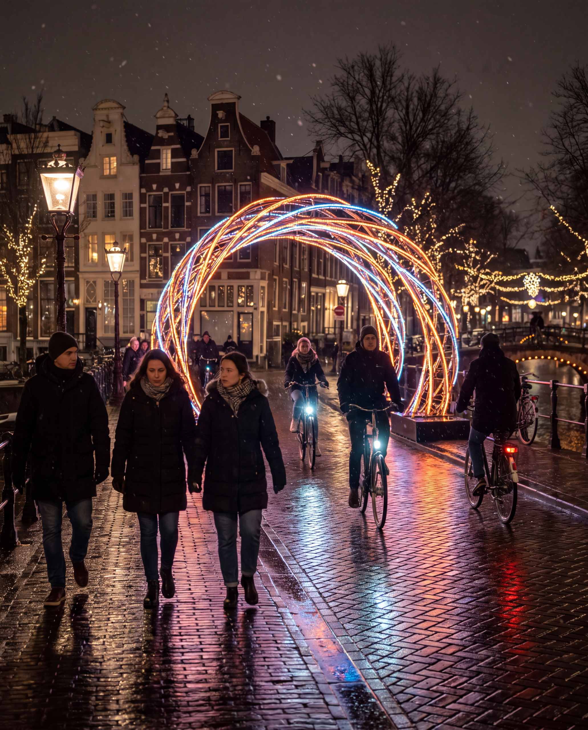 Walkers and cyclists at an illuminated artwork during Amsterdam Light Festival