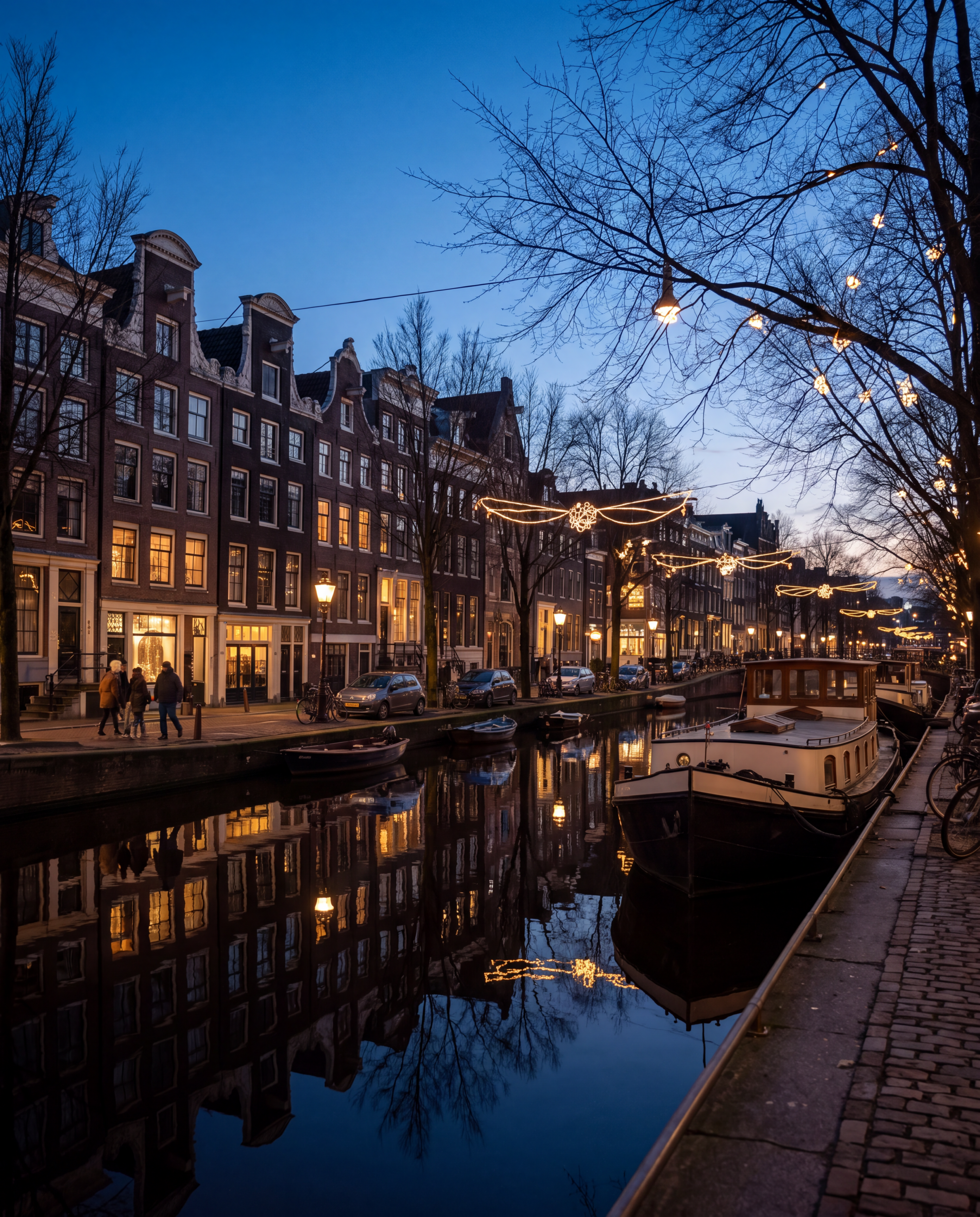 Winter Amsterdam canal at night with festive lights