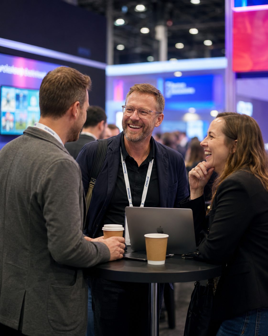 Conference visitors networking over coffee at a technology trade show