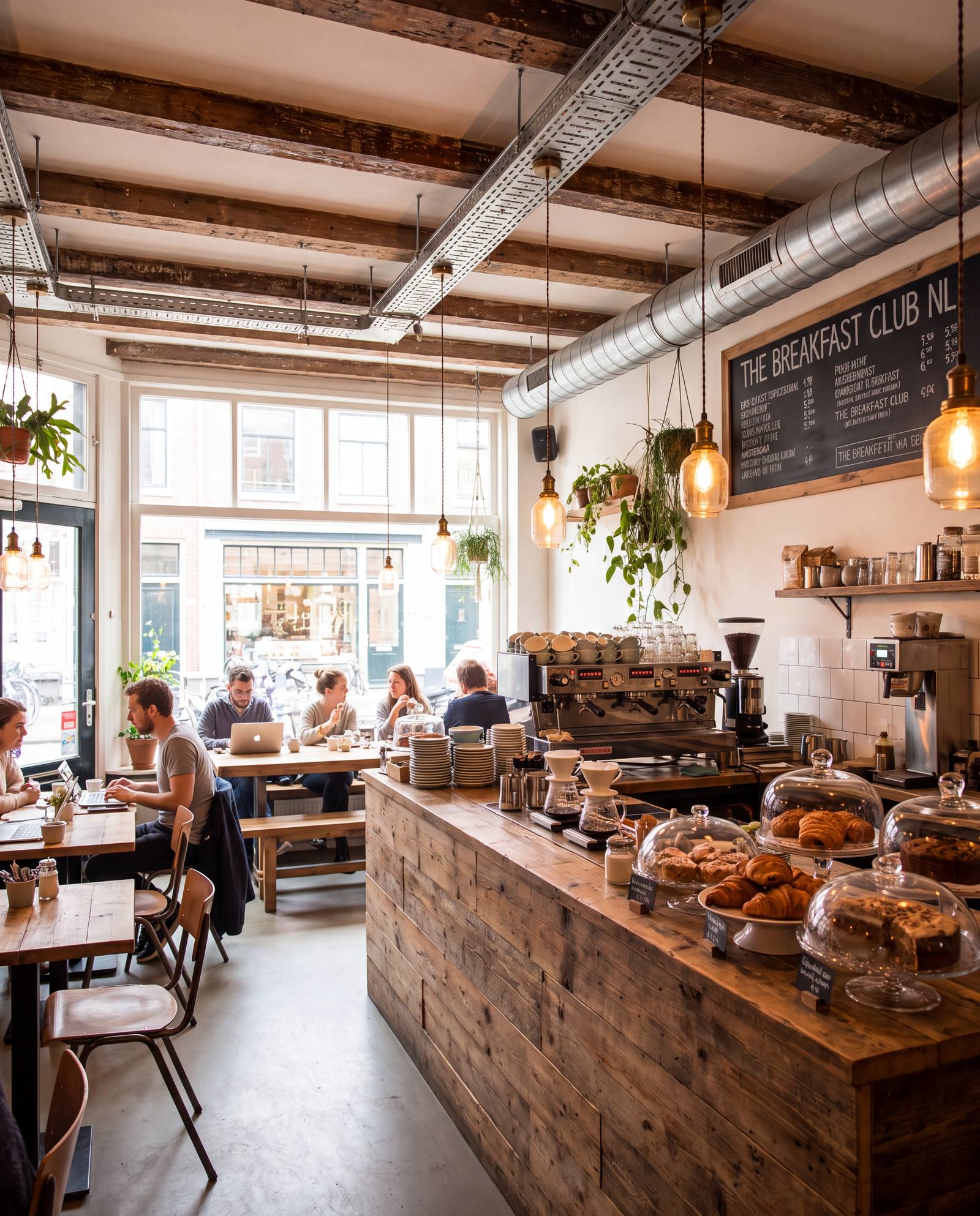 Interieur van The Breakfast Club Amsterdam met houten koffiebar, espressomachine en verse pasteitjes