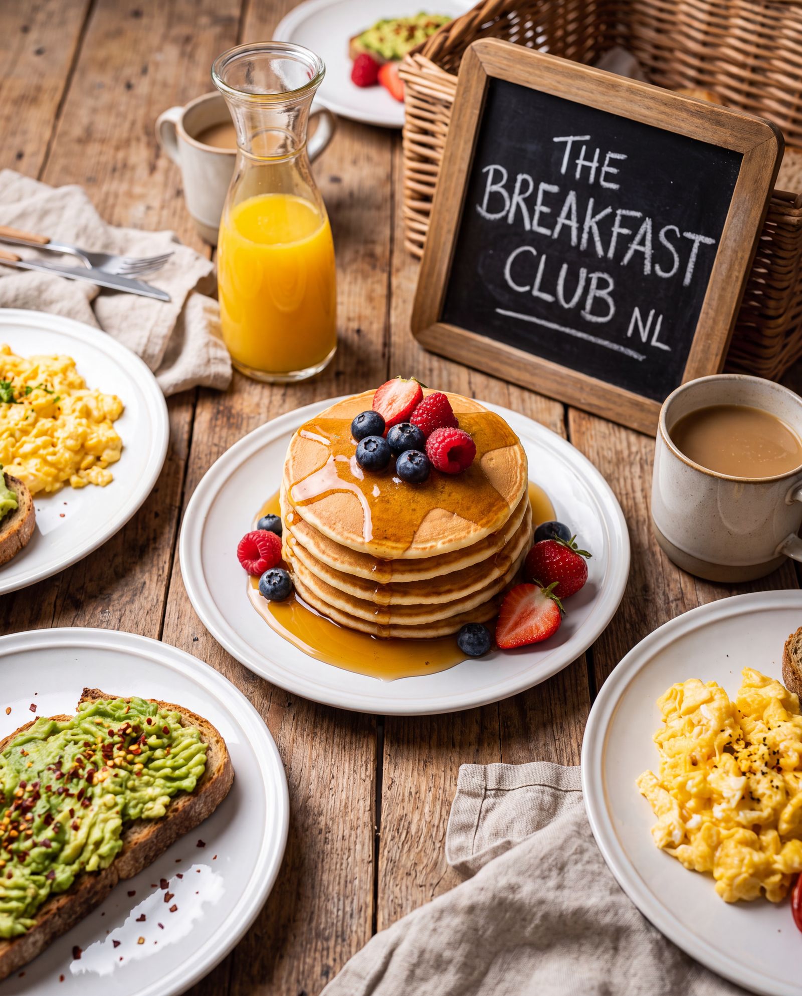 Stapel pannenkoeken met vers fruit en een gedekte ontbijttafel bij The Breakfast Club Amsterdam