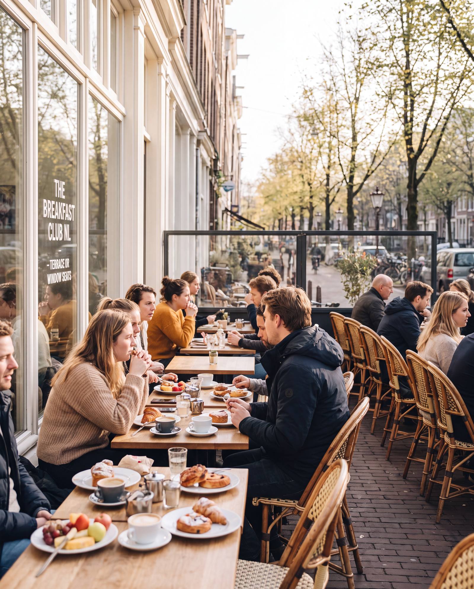 Gasten aan het ontbijt op het terras van The Breakfast Club Amsterdam bij een raam met uitzicht op de gracht